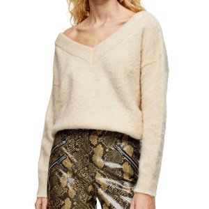 TOPSHOP Oat Knitted Brushed Bardot V-Neck Sweater